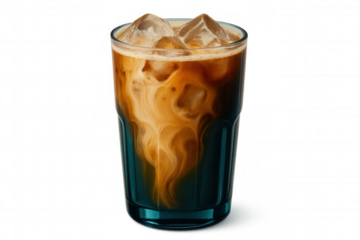 Iced coffee swirling with milk and ice, blending creamy textures in transparent glass against light background