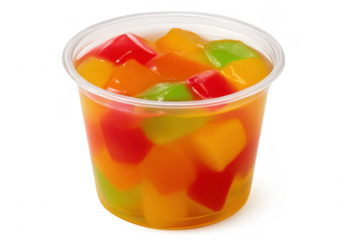 Colorful gelatin cubes floating in plastic cup with transparent background