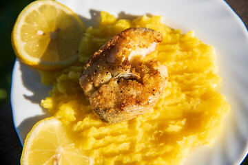 Baked fish with smashed potatoes and lemon on a plate, healthy lunch..