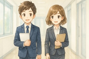 廊下を歩く会社員男女