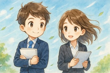 青空の下で資料を持つ会社員男女