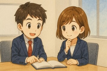 本を使って学ぶ会社員男女