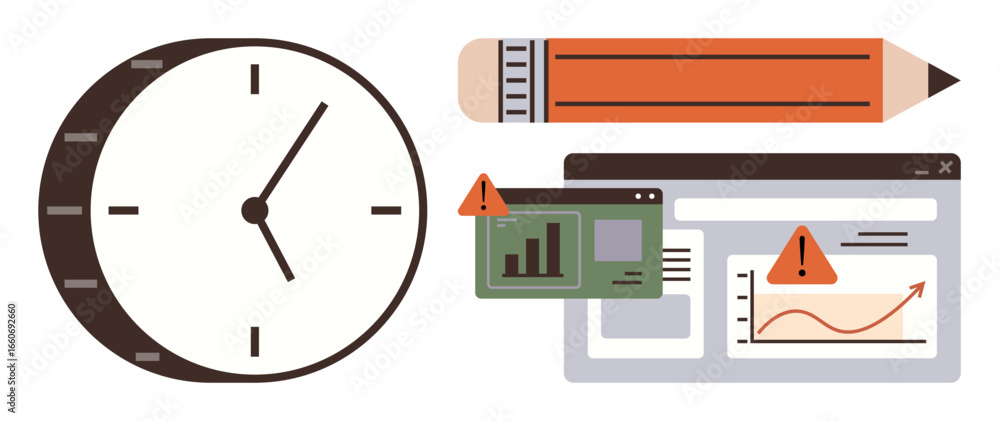 Poster clock, pencil, web interface with graphs, and warning icons for task prioritization, productivity, a