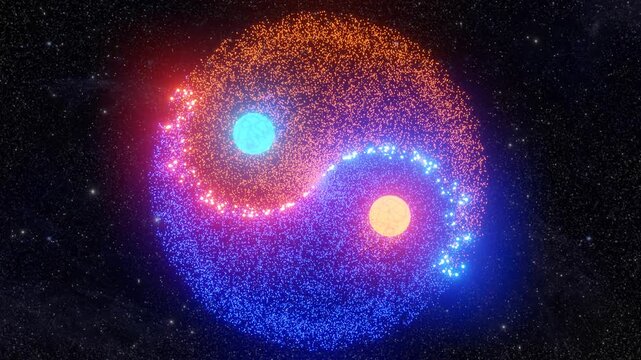 Yin Yang made of moving ball particles revolving - 3D illustration