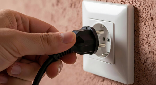 A hand plugging a black power cord into a white European-style electrical outlet, representing energy, connection, and power supply. Perfect for technology and home-related themes.