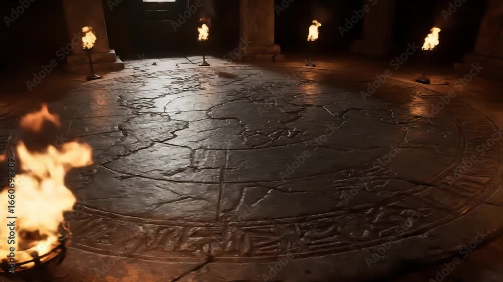 Poster mysterious ancient stone chamber featuring a carved ritual circle illuminated by flickering torchlig