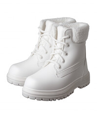 Pair of white winter boots with fur lining on transparent background
