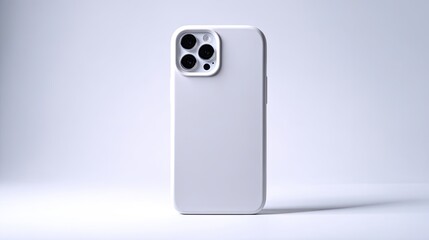 Smartphone Case Product Photography Minimalist Studio Shot of a Modern Mobile Device with Triple Lens Camera System on a Bright White Background.