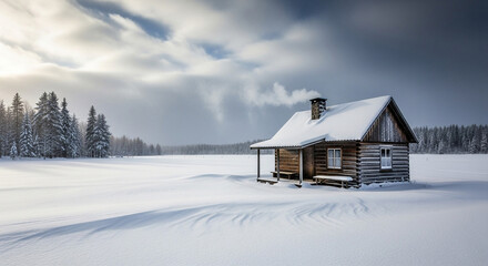 Snow covered cabin with smoke coming from chimney in winter landscape scene