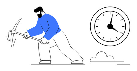 Man striking ground with pickaxe beside a clock, representing hard work, time management, persistence, productivity, manual labor, deadlines, and resource optimization. Simple flat metaphor