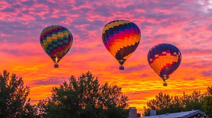 Fototapeta premium Three Hot Air Balloons Soar Across a Vivid Sunset Sky