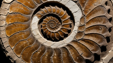 Prehistoric ammonite fossil with brown and neutral tones