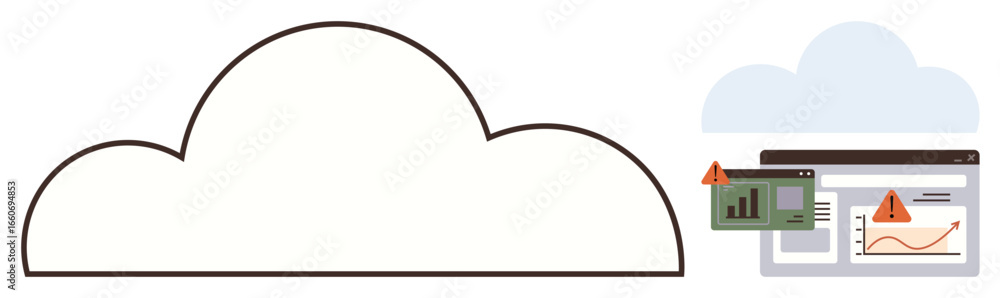 Poster cloud with error icons on analytical dashboards and performance charts. ideal for cybersecurity, dat