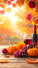 Autumn Wine and Maple Leaves on Wooden Table