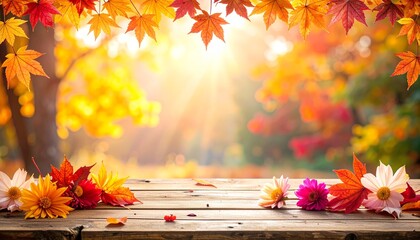 Autumn Maple Leaves and Wooden Table Frame Background