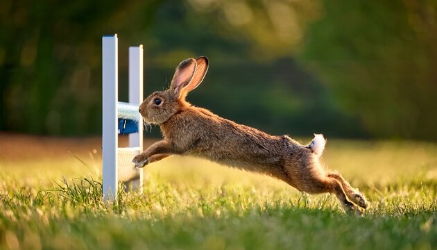 brown rabbit leaping over hurdle in sunny grassy field with blurred background