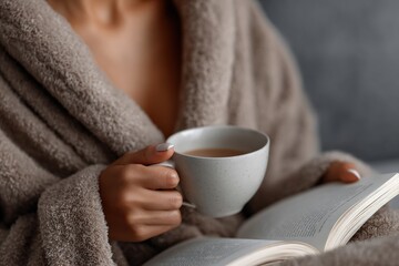 Woman wearing soft bathrobe holding cup of coffee and reading interesting book in cozy home atmosphere