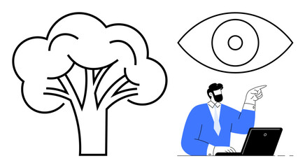 Businessman pointing while working on laptop, alongside a tree symbol for growth and an eye representing vision. Ideal for creativity, leadership, growth, environment, strategy, vision, teamwork