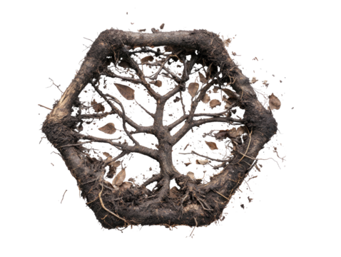Hexagonal, dark earth structure; intricate root system forming a stylized tree in the center