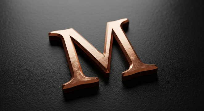 A copper letter m resting on a dark textured surface casting a soft shadow below