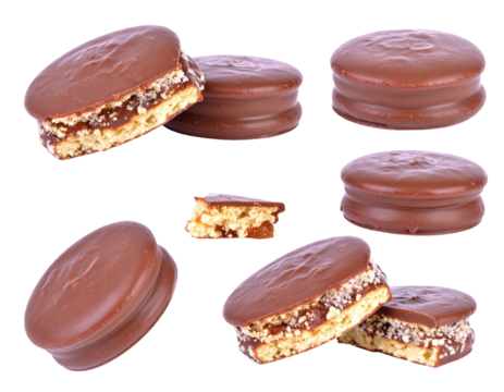 Alfajores Chocolate Cookies Arranged On Transparent Background Showing Details Of Chocolate Coating And Caramel Filling