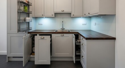 Sleek Gray Kitchen Interior with Bright Under-Cabinet Lighting and Open Storage Solutions.