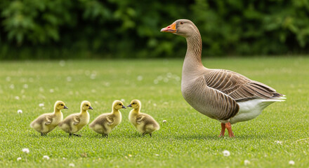 Fototapeta premium A goose standing on green grass with four goslings following behind it closely