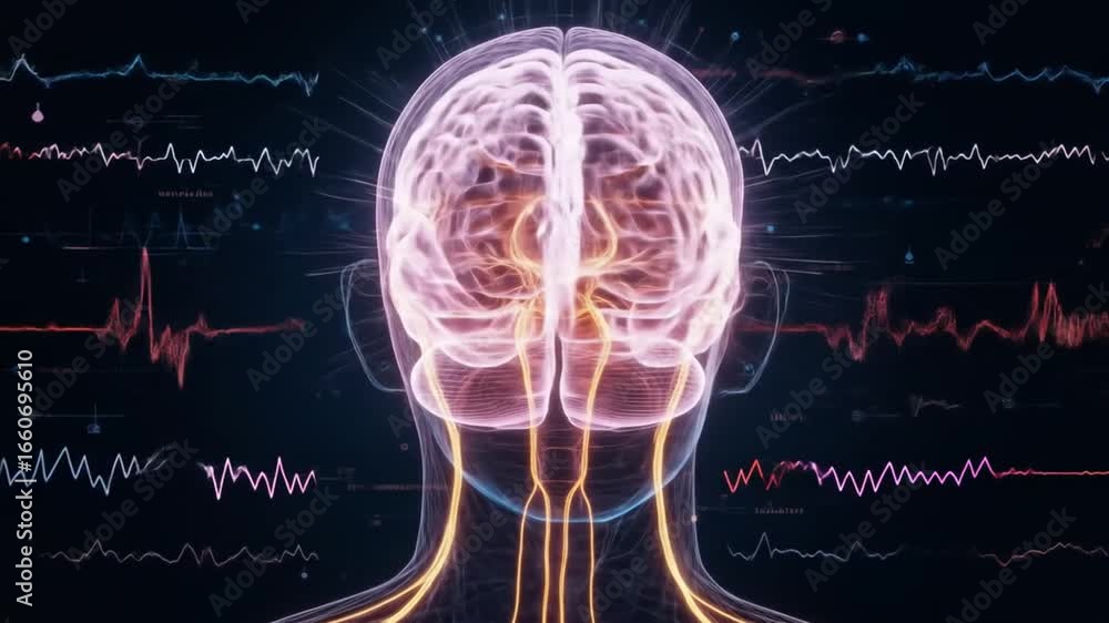 Poster anatomy of the human head and brain with various types of waveforms generated by brain activity on a
