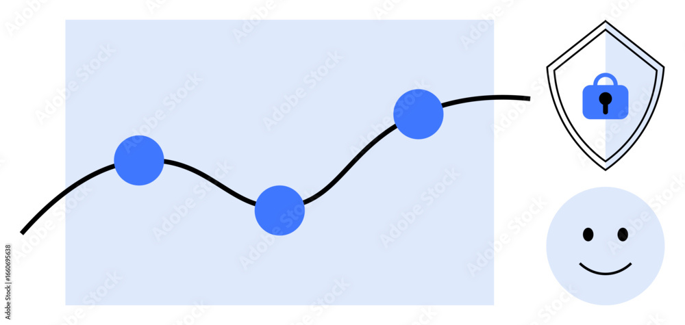 Poster black line graph with blue data points, security shield icon with lock, and a smiling face depicting