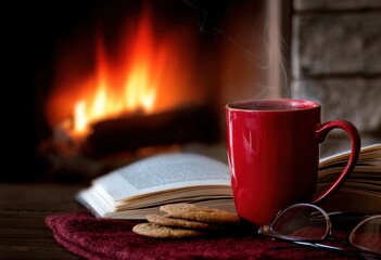 Warm atmosphere with cookies, an open book, reading glasses and a steaming red mug by the fireplace, creating a cozy wintertime scene