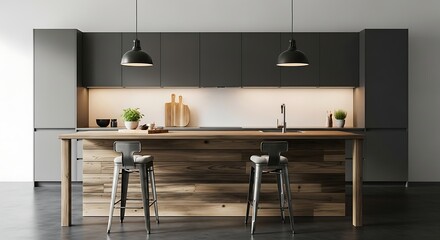 Sleek Dark Kitchen with a Rustic Reclaimed Wood Island and Symmetrical Pendant Lighting.