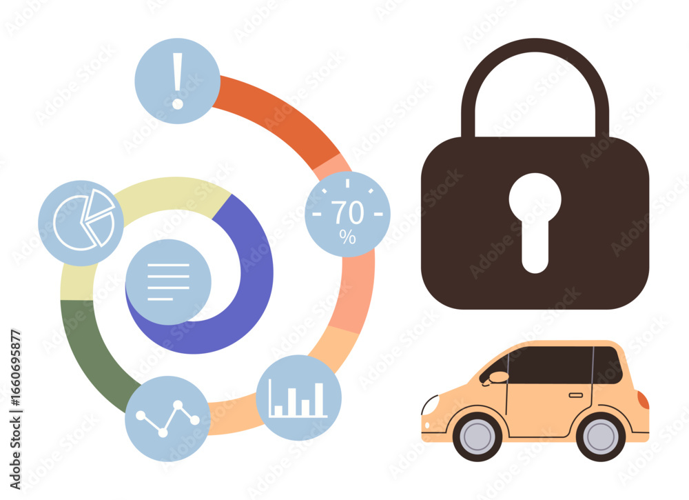 Poster circular data charts, lock symbol for security, and car for mobility. ideal for analytics, security,