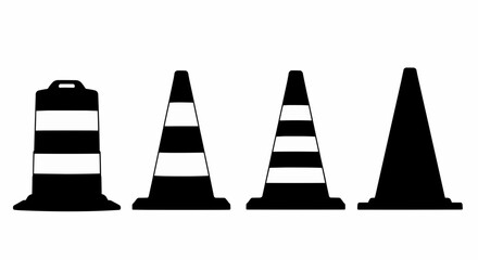 Road safety vector illustration of black and white traffic cone icons