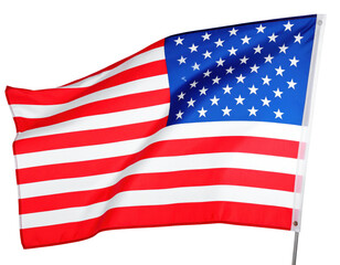 Naklejka premium American Flag Waving Against Transparent Background Displaying Red White Stripes and Blue Field of Stars