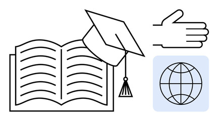 Open book with graduation cap, hand gesture, and globe illustrating education, global learning, collaboration, academic achievement, knowledge sharing, cultural exchange and lifelong learning. Ideal