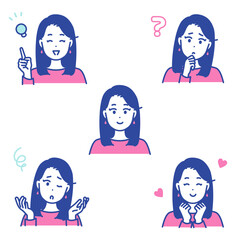 若い女性の表情イラストセット
