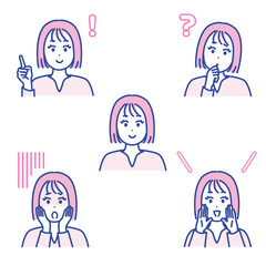 若い女性の表情イラストセット
