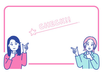 指差しをする若い女性のイラストとフレーム素材