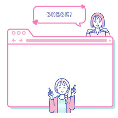 指差しをする若い女性のイラストとブラウザタブ風フレーム素材