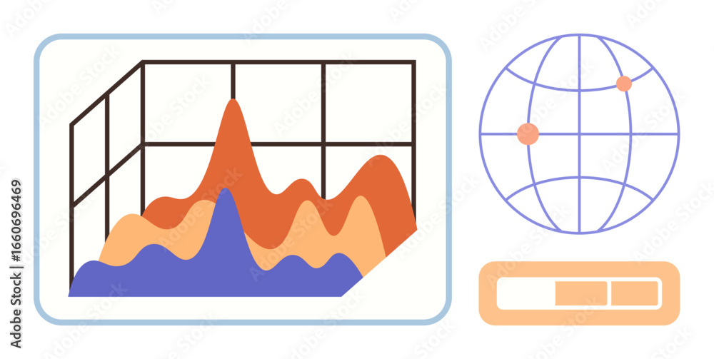 Poster 3d graph with color-coded peaks, global map with markers, progress bar. ideal for analytics, global 