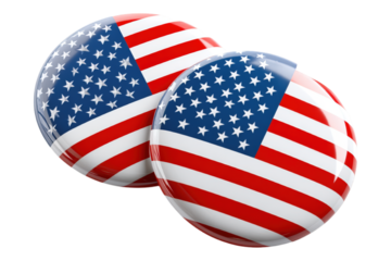 Two Glossy Round American Flag Badges Vibrantly Displaying Stars And Stripes Depicted On A Transparent Background Isolate