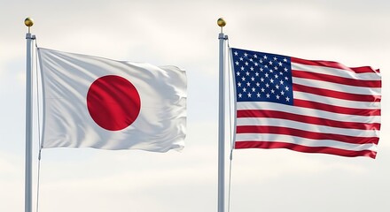 Two flags of the United States and Japan waving in the wind. 