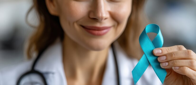 Doctor showing teal awareness ribbon for cervical cancer, polycystic ovary syndrome and sexual assault awareness