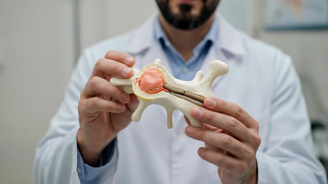 Doctor Explains Spinal Anatomy: Detailed Look at Vertebrae Model, Spinal Cord, and Nerve Roots for Medical Education