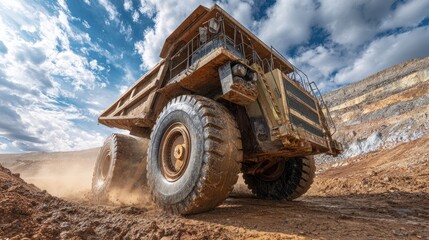 Large Mining Truck on Dusty Quarry Road, Powerful Engine, Heavy Duty Vehicle, Industrial Transportation, Extraction Site, Daylight Shot