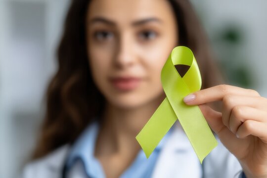 Female doctor showing lime green awareness ribbon, representing lymphoma, organ donation, mental health and other causes