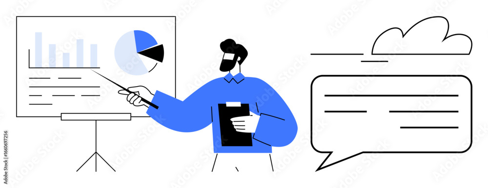 Poster presenter holding clipboard pointing to chart with graphs, pie sections, and data on screen. ideal f