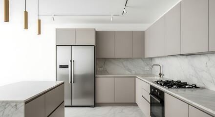 Sleek Modern Grey Kitchen Interior with Stainless Steel Appliances and Marble Accents.