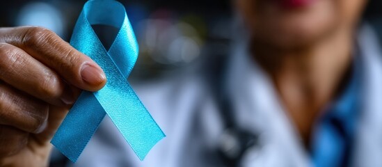 Doctor showing a teal ribbon, representing support for prostate cancer awareness and men's health
