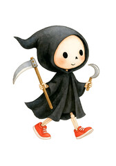Obraz premium Cute Grim Reaper Watercolor Illustration, Halloween Skeleton Character with Scythe Clipart Isolated